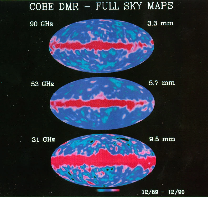 COBE 위성이 최초로 관측한 우주배경복사의 미세한 온도 요동(1992).