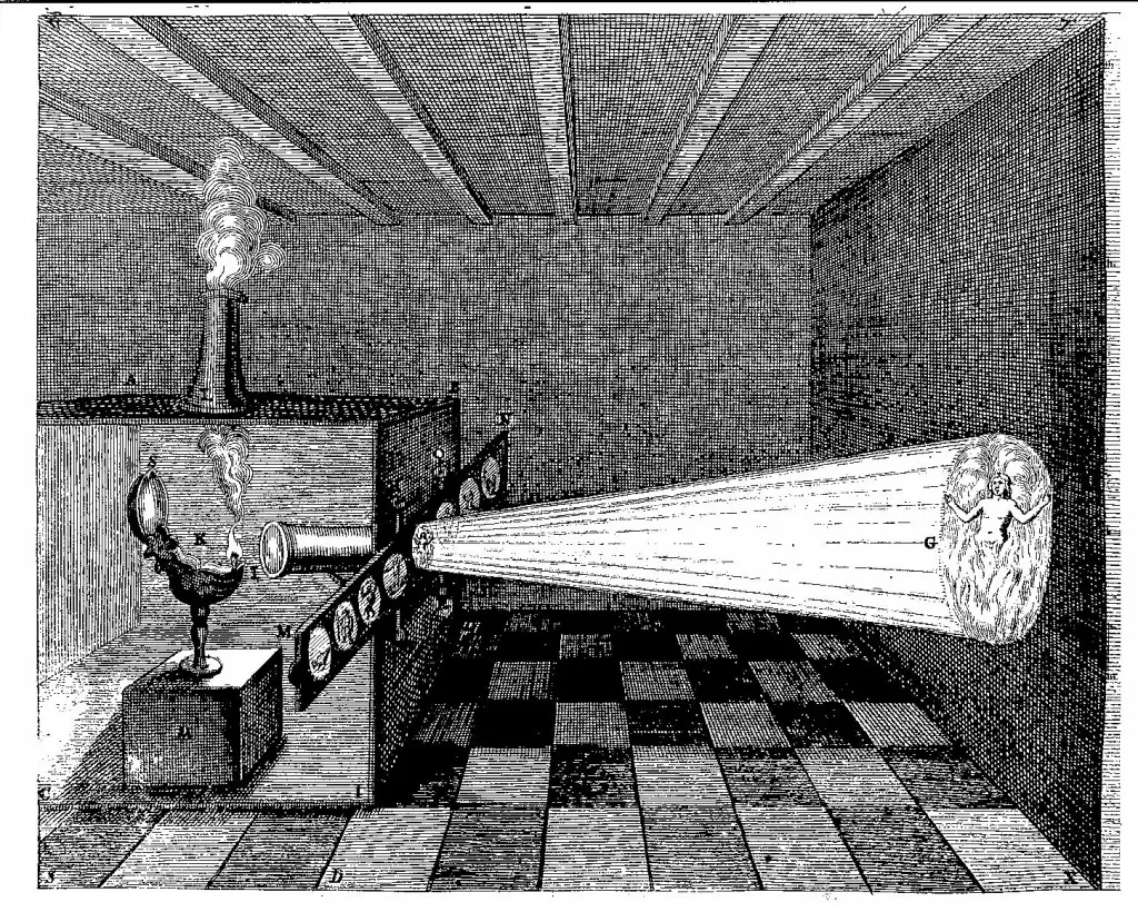 Figure.2 키르허의 1671년 저서에 실린 삽화. 지옥불의 이미지를 투사하고 있다.
